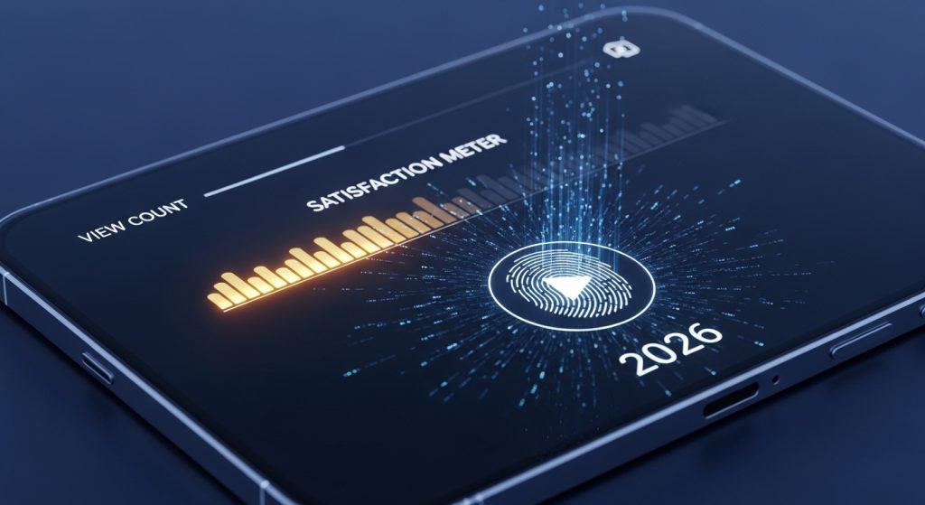 3D illustration of a 2026 video interface highlighting viewer satisfaction metrics over view counts.