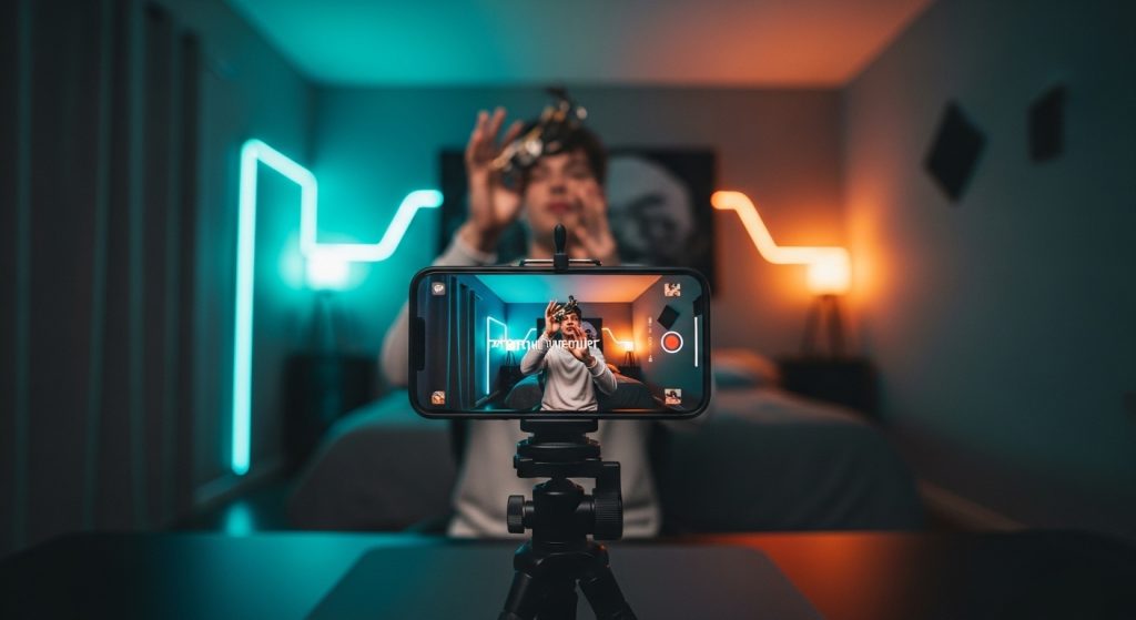 A content creator filming a video hook on a smartphone in a home studio setup using a pattern interrupt technique.
