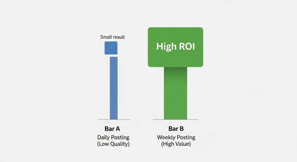 Bar chart comparison showing that lower frequency, high-quality posting yields higher ROI than daily low-quality posting.