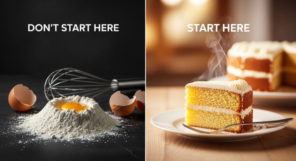 Comparison of starting a video with raw ingredients versus the finished product to demonstrate the In Media Res storytelling technique.