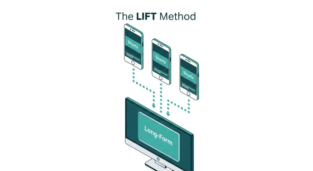 Flowchart diagram of the LIFT method demonstrating how short-form videos funnel traffic to long-form content.