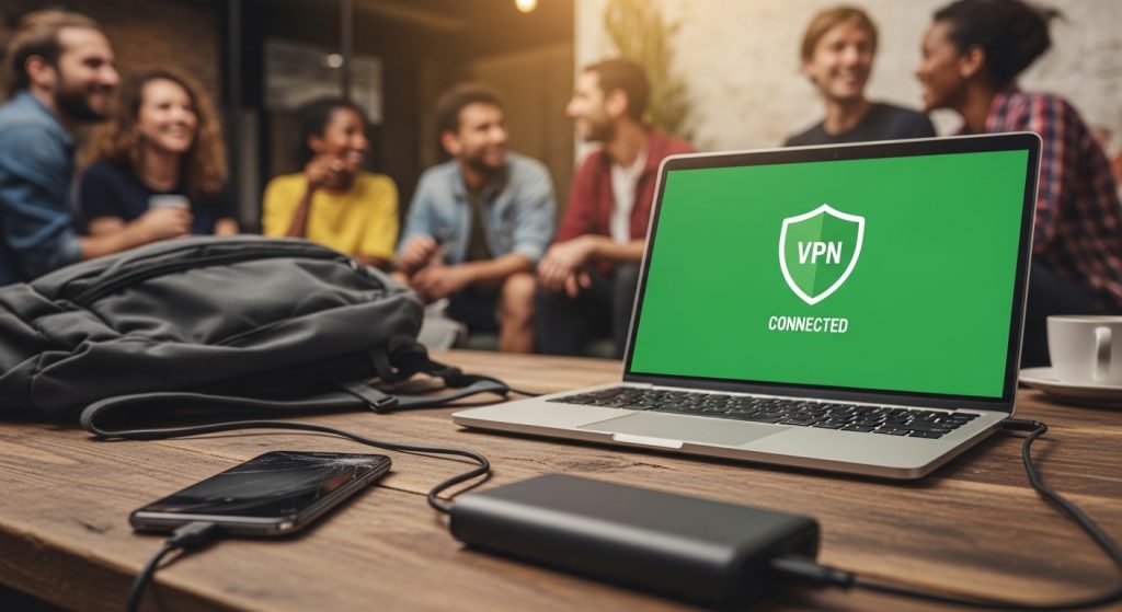 Laptop screen showing VPN connected status in a busy hostel common room.