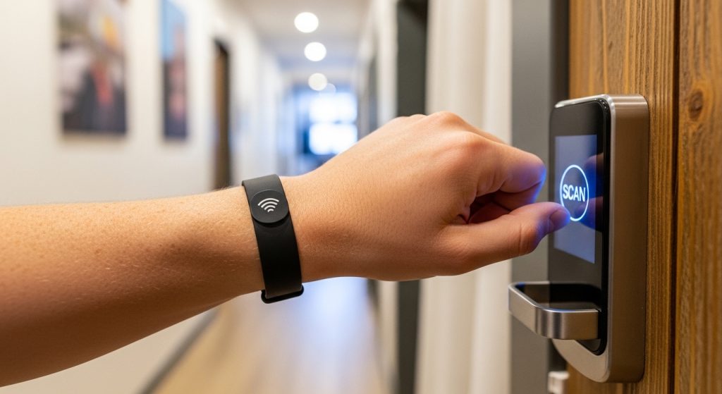Traveler using RFID wristband to unlock modern hostel door keyless entry.