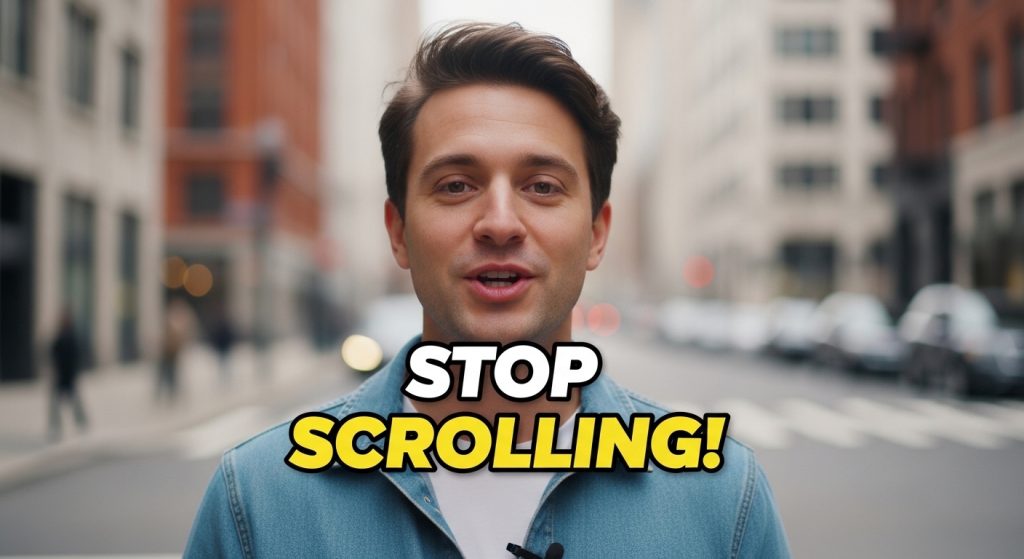 Vertical video example showing a bold text overlay hook used to capture viewer attention on social media.